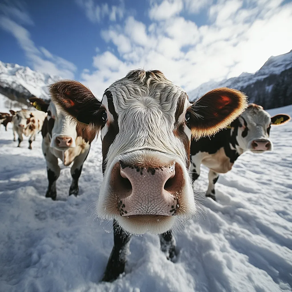 A close-up view of a curious cow, predominantly white with brown markings, stares directly at the camera.  Two other similar cows are visible in the background, slightly out of focus.  The scene is set in a snowy mountainous landscape under a bright, partly cloudy sky.  The image evokes a sense of peaceful rural life in a cold climate.
