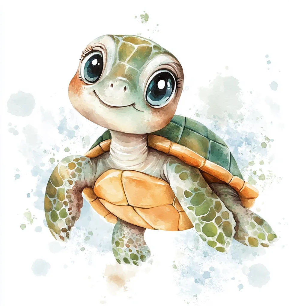 A watercolor painting of an adorable baby sea turtle.  Its large, expressive eyes and cheerful smile are accentuated by soft, pastel colors. The turtle's shell is a blend of greens and oranges, and the artwork is set against a delicate, light blue watercolor background, giving the impression of water.  The overall style is whimsical and charming.