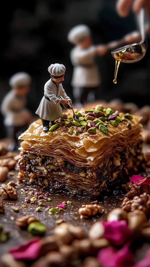 Miniature chefs decorate a decadent baklava with pistachios.  The layered pastry, rich with nuts and syrup, is the centerpiece of a detailed, close-up shot.  Scattered nuts and rose petals surround the baklava, enhancing the scene's richness and adding to its artistic composition.  A ladle pours syrup, completing the image's whimsical and delicious aesthetic.