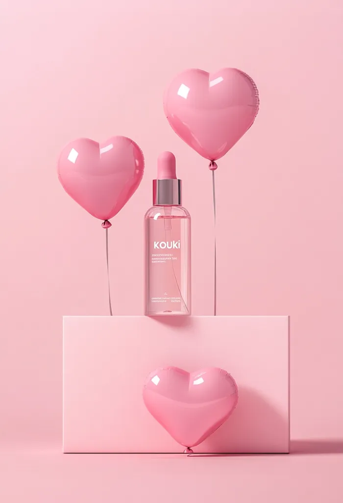 A pink Kouki skincare bottle sits on a pink platform, flanked by three heart-shaped balloons. The scene is minimalist and romantic, with a soft, pastel color palette.  The overall aesthetic is feminine and evokes feelings of love and self-care. The image is likely an advertisement for the Kouki product.