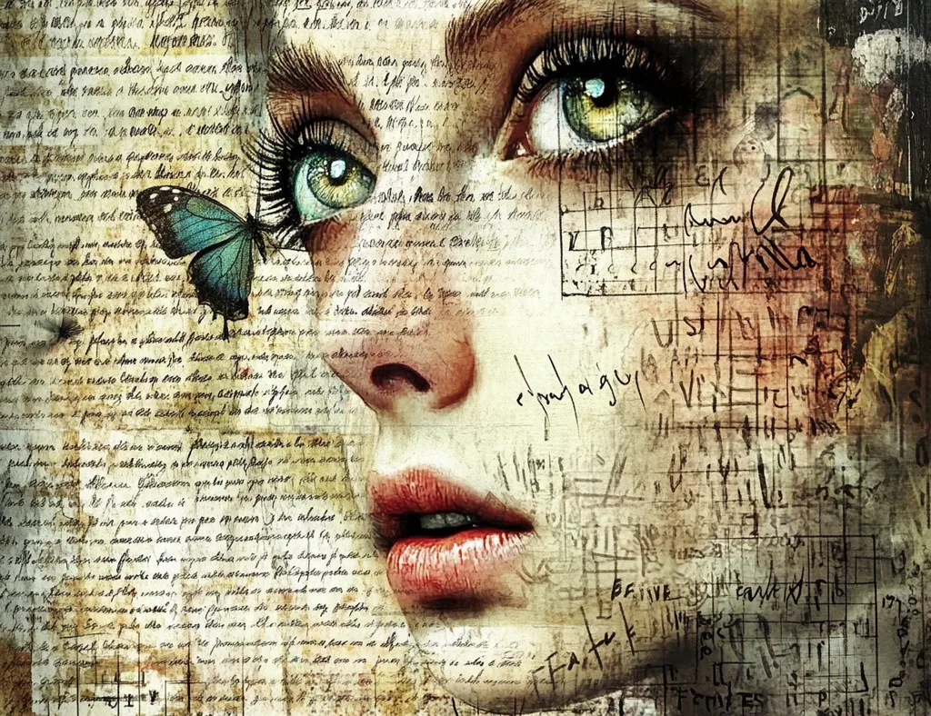 A woman's face is partially obscured by overlapping layers of aged papers and writings.  Her expressive green eyes and lips are visible, offering a sense of mystery and contemplation. A delicate blue butterfly rests near her eye, adding a touch of ethereal beauty to the complex composition. The background is a collage of handwritten text, mathematical equations, and grid patterns, creating a textured, almost dreamlike effect.