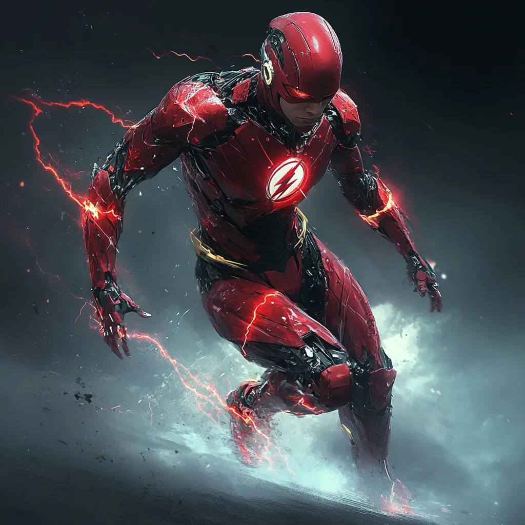 A dynamic depiction of the Flash, showcasing his sleek, crimson suit with intricate mechanical details.  Electricity crackles around him as he runs at super speed, leaving a trail of energy and dust in his wake.  His determined expression and powerful pose emphasize his superhuman abilities and heroic stance. The dark background highlights the vibrant red of his costume and the electrifying energy surrounding him.