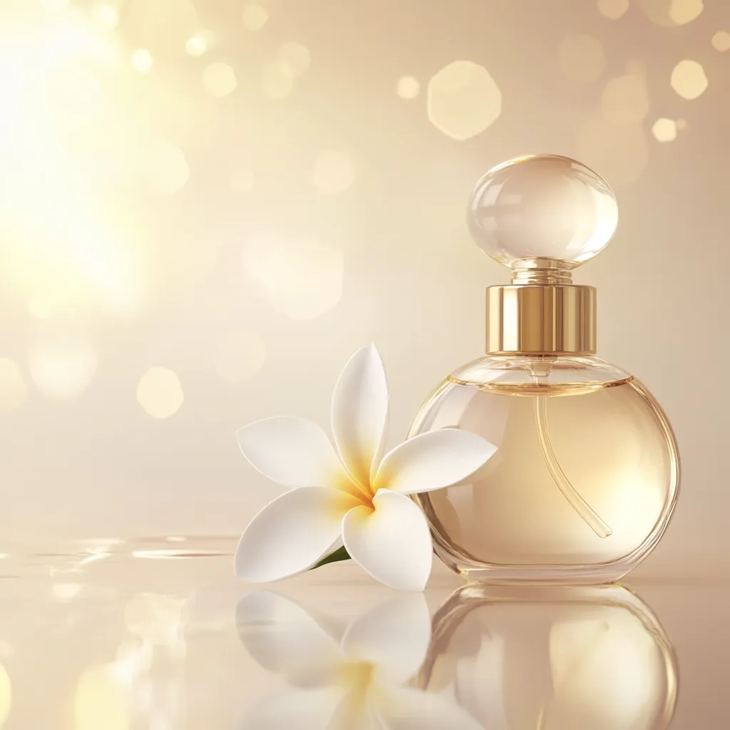 A luxurious, round perfume bottle with a gold cap sits on a reflective surface next to a delicate white plumeria flower.  The background is a soft, golden bokeh, creating a warm and elegant ambiance. The image evokes feelings of serenity and sophistication, suggesting a high-end fragrance.  The reflection enhances the overall sense of luxury.