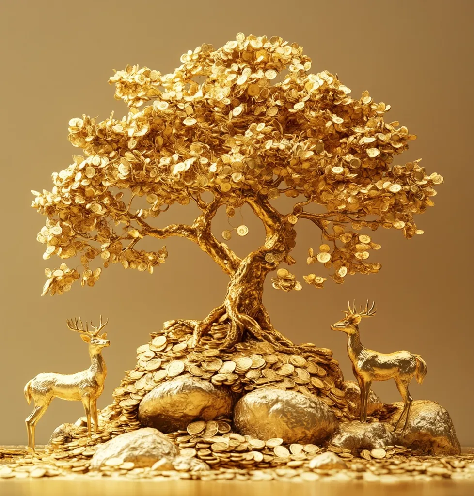 A golden money tree, adorned with numerous gold coins as leaves, stands majestically on a pile of gold coins and rocks.  Two golden deer flank the base of the tree, adding to the opulent and symbolic scene. The overall image evokes themes of wealth, prosperity, and abundance.