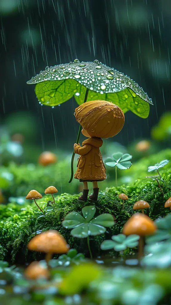 A miniature figure, dressed in a yellow raincoat, stands under a large, rain-soaked leaf serving as an umbrella.  The scene is lush and green, with moss, clover, and small mushrooms surrounding the figure. Rain falls softly, creating a peaceful and enchanting miniature world.  The overall mood is serene and whimsical.