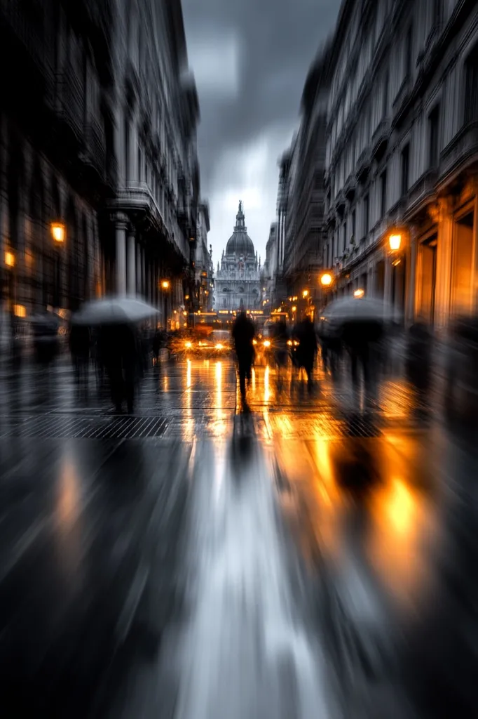 A rain-slicked city street, blurred by motion, leads to a grand dome-shaped building.  People with umbrellas are indistinct figures rushing through the night.  Warm streetlights reflect on the wet pavement, creating streaks of orange against the grayscale buildings.  The overall atmosphere is moody and dramatic, highlighting the city's architectural grandeur.