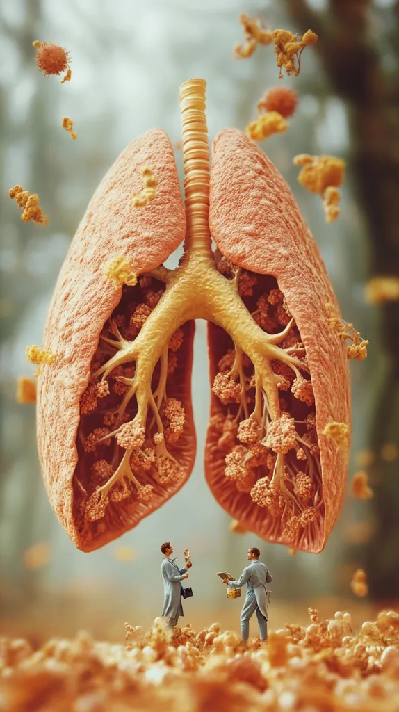 A surreal image depicts a giant, intricately detailed lung, its bronchi and alveoli filled with small, spherical particles.  Two miniature figures, resembling scientists, stand below, examining something small.  The overall scene evokes a sense of wonder and scale, perhaps symbolizing the complexity of the respiratory system and the microscopic battle against illness.  Surrounding particles suggest viruses or other pathogens.