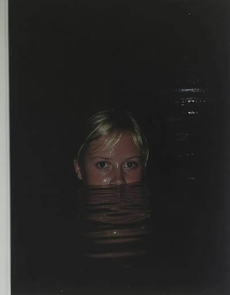 A close-up, nighttime photograph depicts a fair-skinned young woman's face partially submerged in dark water. Only her forehead, eyes, and nose are visible above the surface.  The water is dark and still, reflecting faint light. The overall mood is mysterious and slightly unsettling due to the darkness and the subject's partially hidden expression.