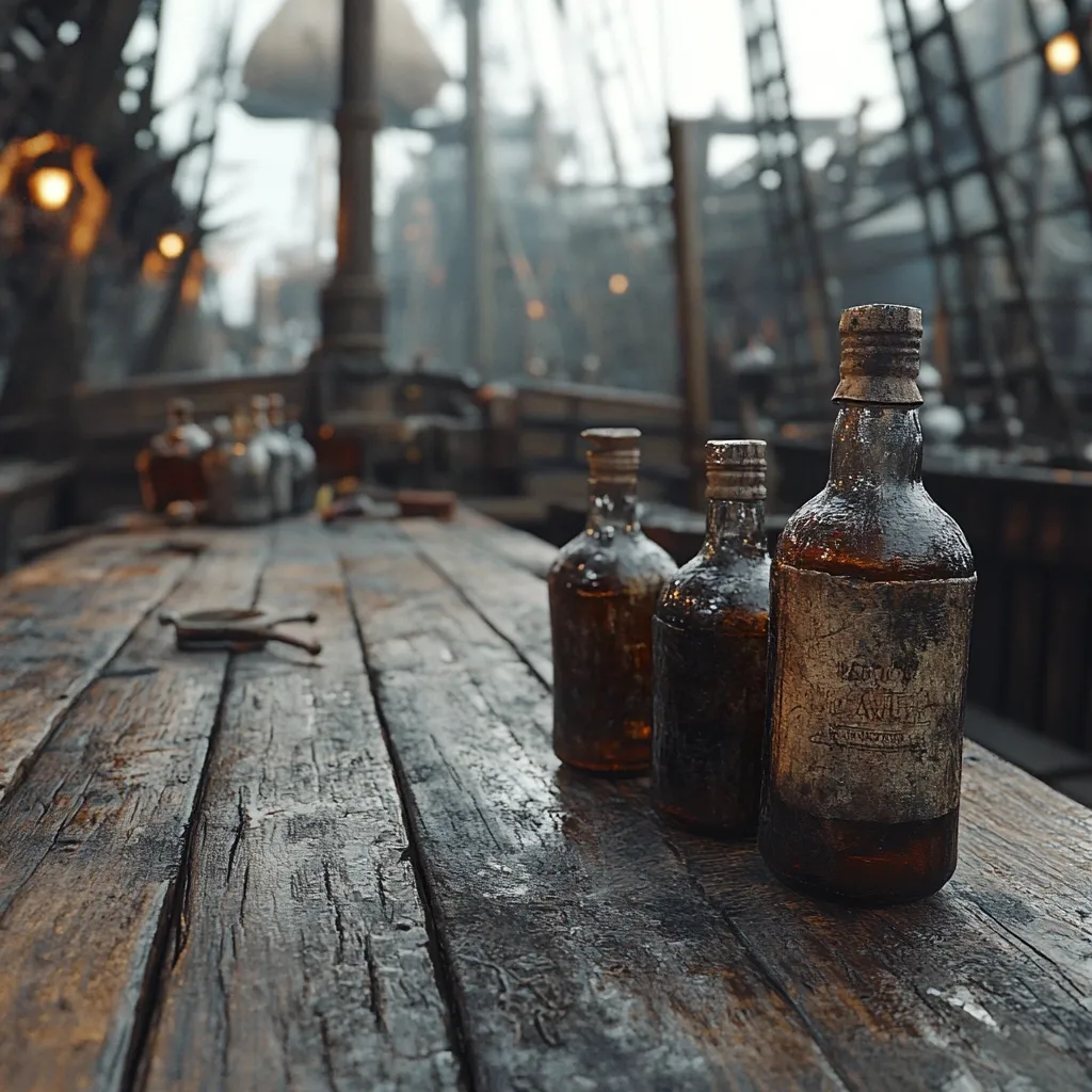 Three aged, amber glass bottles sit on a weathered wooden table aboard a ship.  The bottles, varying slightly in size, appear to contain liquor.  The wood is dark and shows signs of age and wear.  The background is blurred, but depicts the rigging and structure of a large sailing vessel, suggesting a maritime setting.  The overall mood is one of age, adventure, and perhaps, a hint of mystery.