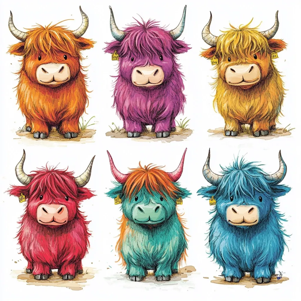 Six adorable Highland cattle, each a different vibrant color, are depicted in a charming illustration.  The fluffy cows, with their distinctive long horns and expressive faces, stand individually against a white background.  Each cow wears a small yellow tag in its ear. The colors include orange, purple, yellow, red, teal, and blue, creating a cheerful and colorful arrangement.