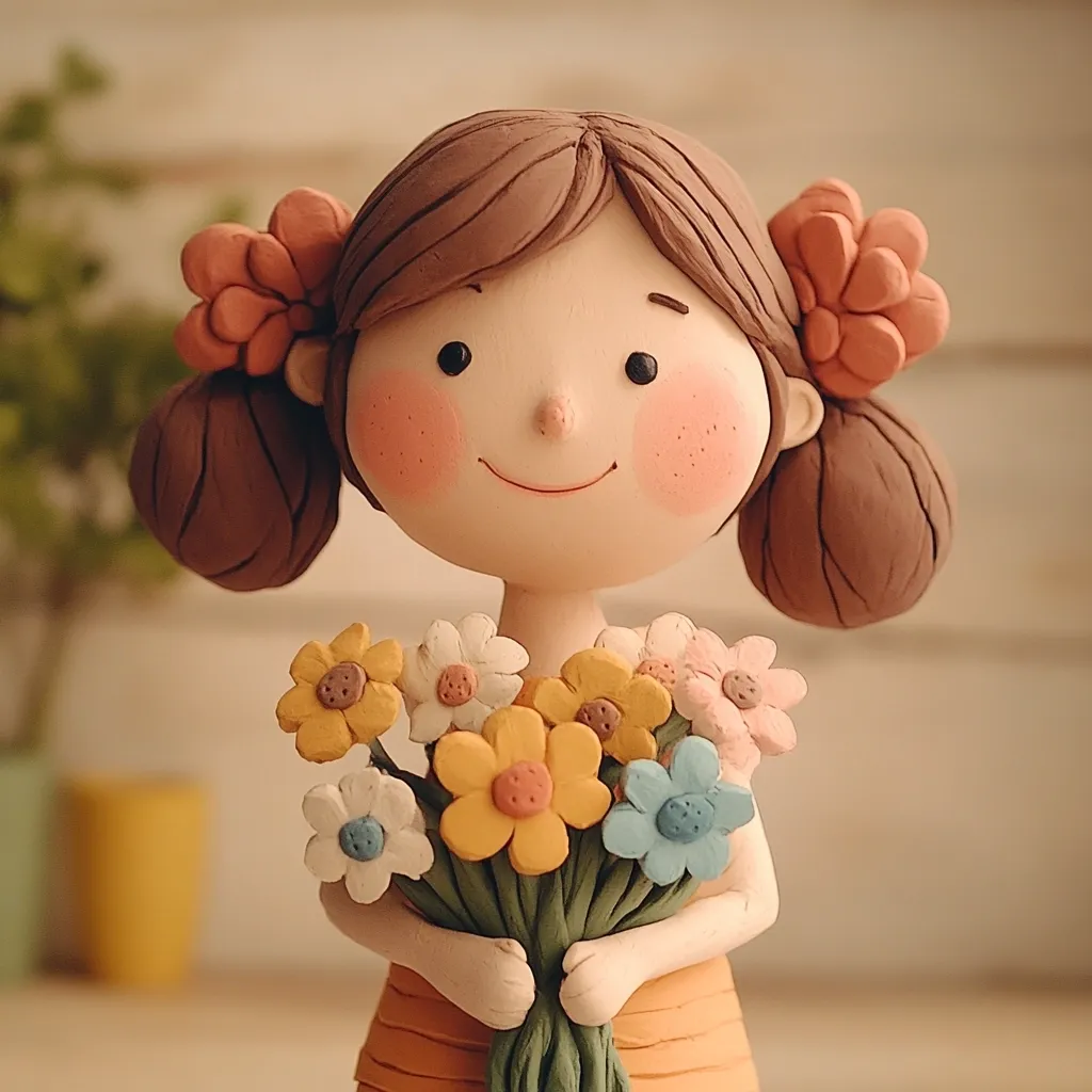 A charming clay figurine of a girl with rosy cheeks and brown pigtails adorned with flowers is depicted.  She holds a cheerful bouquet of colorful clay flowers. The figurine's simple, sweet style and soft color palette create a gentle and heartwarming image.  The background is blurred, focusing attention on the delightful handcrafted detail of the girl and her flowers.