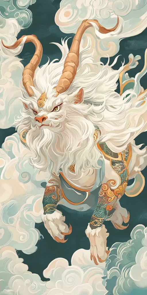 A majestic, white lion-like creature with long, curved horns soars through stylized clouds.  Its fur is voluminous, and its arms are adorned with intricate, swirling tattoos in teal and gold.  The creature's expression is fierce yet serene, its golden eyes piercing. The artwork is rendered in a painterly style with a blend of soft and sharp details, evoking a sense of mythical grandeur and power.