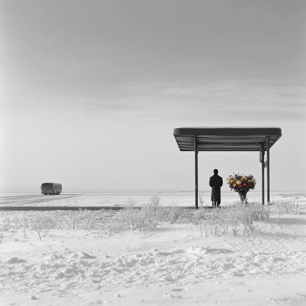 A person stands at a snowy bus stop, holding a large bouquet of flowers.  A bus is visible in the distance on a flat, snow-covered landscape under a pale sky. The scene is monochromatic, emphasizing the solitude and quiet of the winter setting.  The overall mood is melancholic and contemplative.