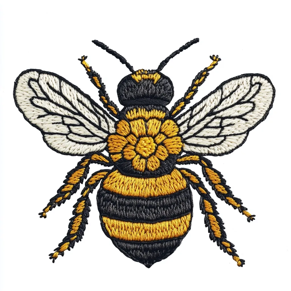A meticulously embroidered bee is depicted, its body a rich tapestry of gold and black thread.  The wings are delicately rendered in off-white, and a central floral motif adorns the thorax.  The intricate stitching details the bee's segmented body and delicate legs, creating a highly realistic and visually striking image. The overall style is detailed and illustrative, suitable for various craft applications.
