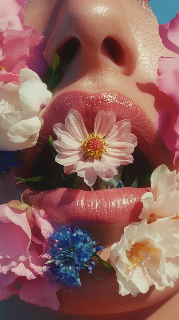 Close-up of a woman's face, partially obscured by a vibrant array of pink, white, and blue flowers.  The flowers are artfully arranged around her mouth and nose, creating a visually stunning and slightly surreal effect.  Her lips are a soft pink, enhancing the overall delicate and floral theme of the image.  The lighting is soft and warm, casting a gentle glow on the skin and petals.