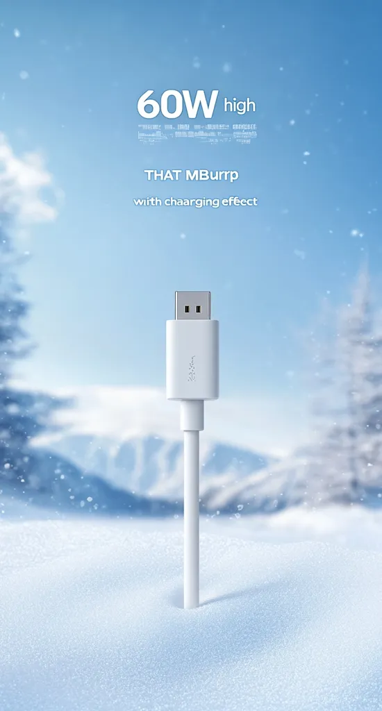 A white 60W USB-C cable with charging capabilities stands upright in a snowy landscape. The cable's connector is prominently displayed, emphasizing its high-power output.  The background features a blurred, winter wonderland scene, highlighting the cable's clean design and suggesting durability in cold conditions.  The text "THAT MBurrp with charging effect" further clarifies its features.