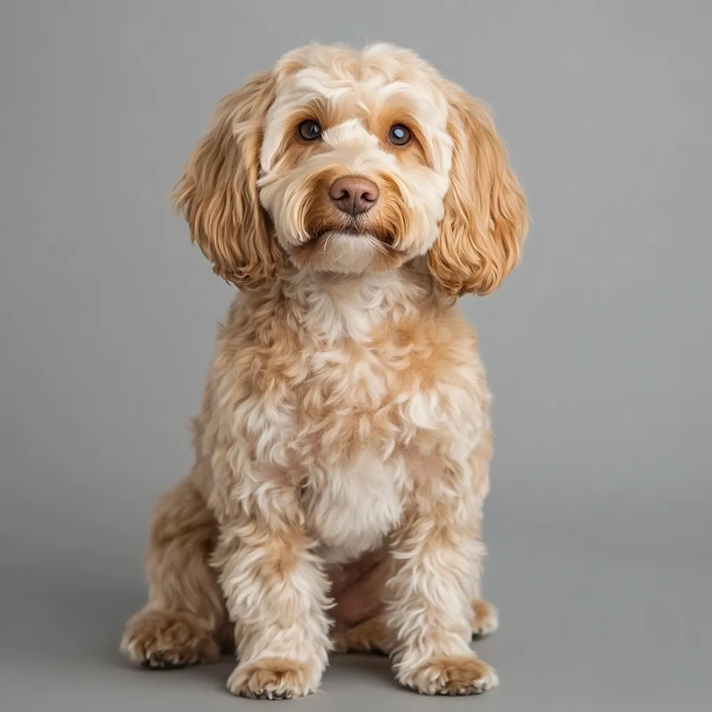 A fluffy, light apricot Cockapoo dog sits attentively against a gray background.  Its fur is thick and curly, and its expression is calm and engaging. The dog is positioned centrally in the frame, with its paws neatly tucked beneath it. The image is a well-lit studio portrait, showcasing the dog's features clearly.