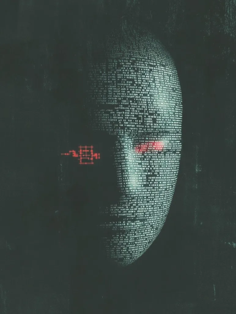 A stylized image depicts a face formed from lines of computer code.  The code is light teal against a dark background, with small red segments near the eyes suggesting data streams or errors. The overall effect is mysterious and evokes themes of digital identity, hacking, or artificial intelligence. The textured background adds to the image's dark and enigmatic atmosphere.