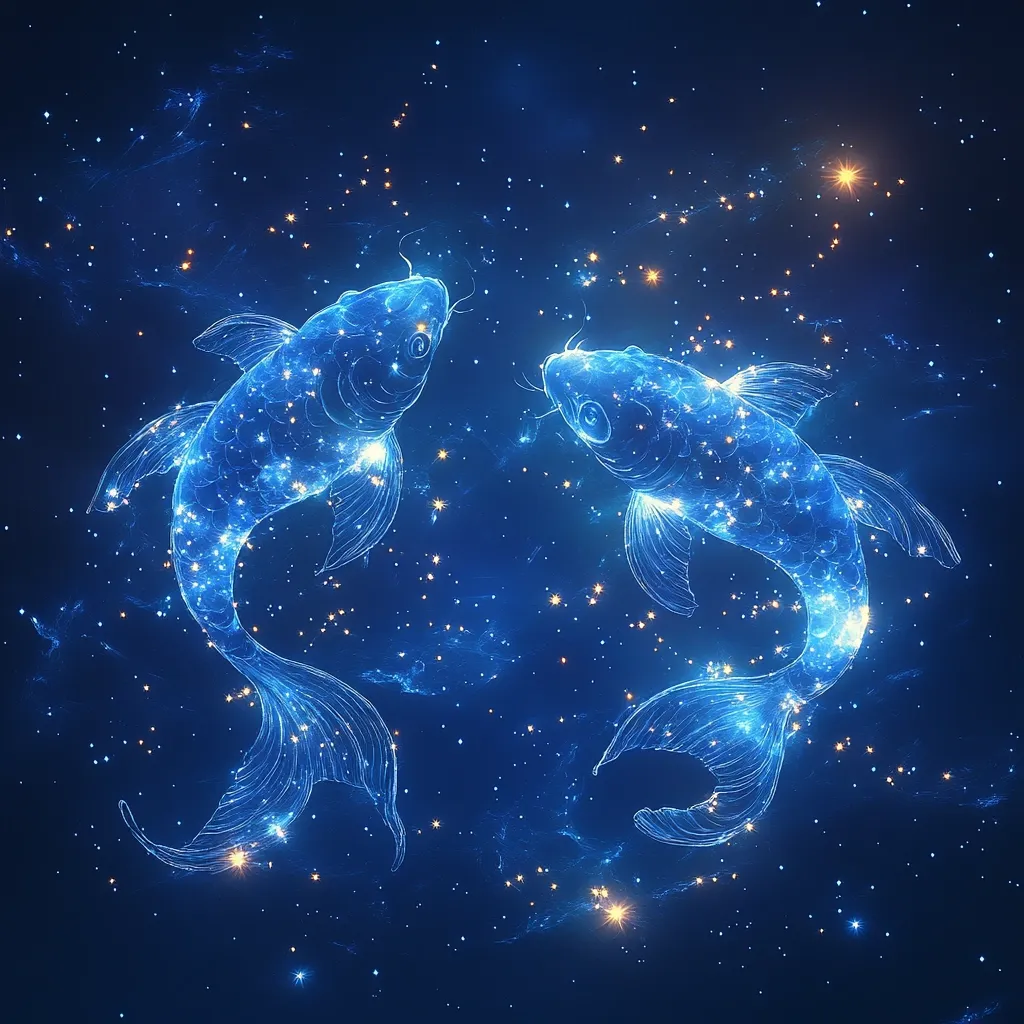 Two luminous koi fish, rendered in a celestial style, swim amidst a backdrop of twinkling stars and nebulae.  Their forms are outlined by shimmering, light-blue energy, creating a magical and ethereal effect.  The deep blue canvas evokes a sense of the cosmos, suggesting the fish are constellations or celestial beings. The overall image is serene and captivating.
