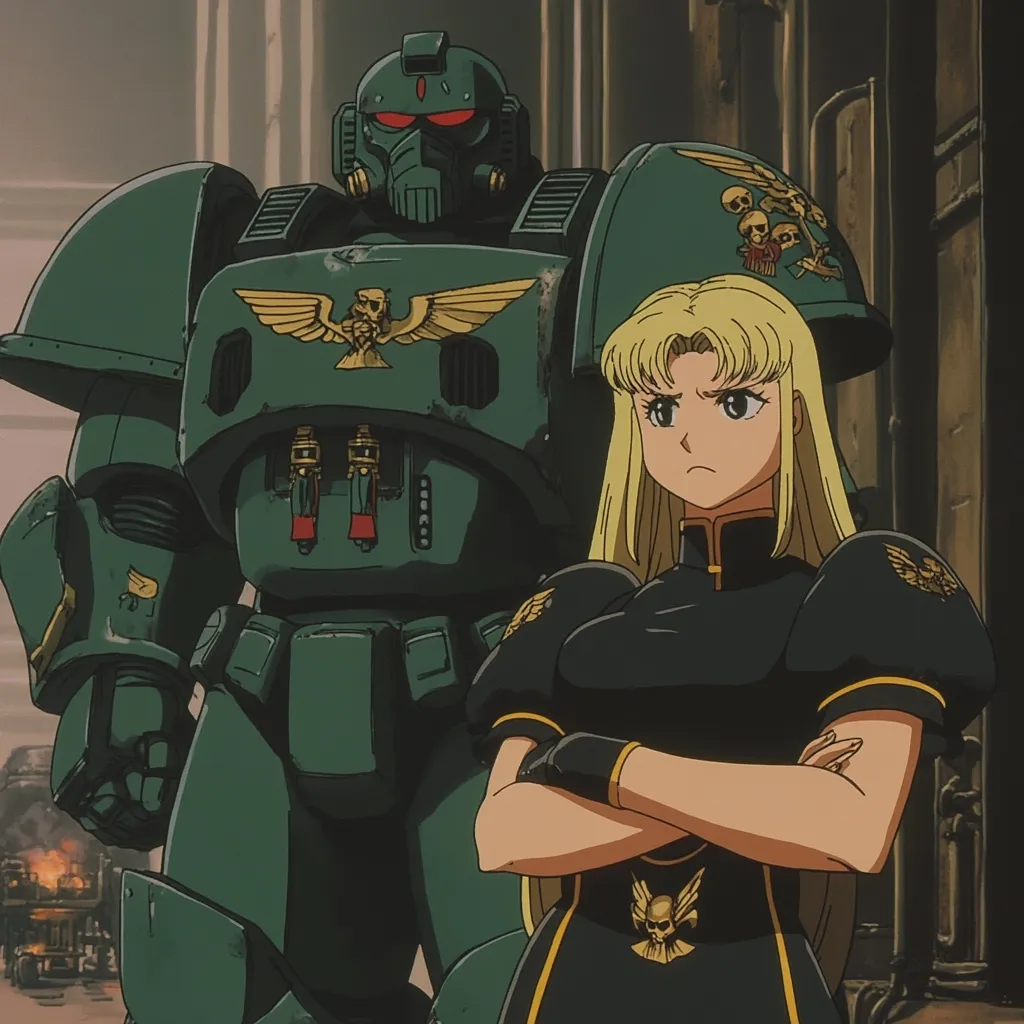 An anime-style illustration depicts a blonde woman with arms crossed, standing beside a large, dark green power armored figure.  The woman wears a dark, collared dress with gold accents and skull insignia. The power armor is heavily detailed, displaying an Imperial eagle and skull markings, suggestive of military or science fiction themes. The scene's background hints at an industrial or war-torn setting.