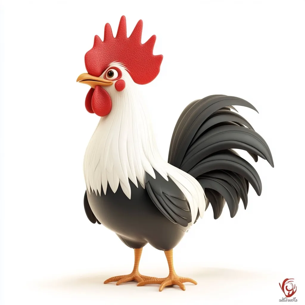 A charming cartoon rooster, rendered in 3D, is presented against a stark white background.  Its plumage is a striking contrast of black and white, accented by a vibrant red comb and wattle.  The rooster's posture is alert and proud, its gaze directed slightly upward. The style is playful and cheerful, suitable for children's illustrations or branding.  The image's simplicity highlights the rooster's expressive features.