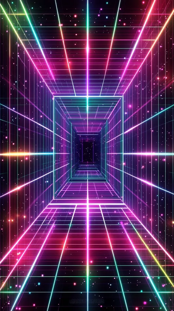 A vibrant, neon-lit grid forms a tunnel receding into a dark, star-speckled distance.  Bright pink, purple, teal, and green lines intersect at right angles, creating a three-dimensional effect.  The glowing lines and scattered sparkles evoke a retro-futuristic, synthwave aesthetic, suggesting a journey through a digital or virtual space.