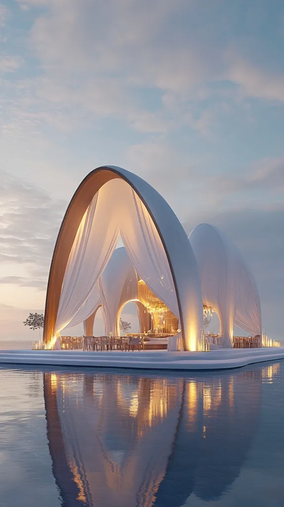A stunning architectural marvel, a modern wedding pavilion, sits serenely on a tranquil body of water.  Its flowing white drapes and arched, illuminated structure create a breathtaking ambiance. The design is both elegant and minimalist, reflecting beautifully in the still water under a soft, twilight sky.  The scene is peaceful and idyllic, perfect for a dream wedding.