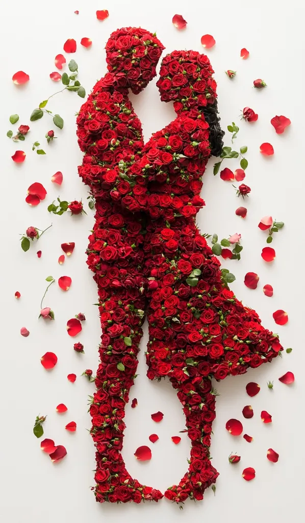 A breathtaking floral arrangement depicts a couple embracing.  The figures are entirely constructed from densely packed red roses, their forms subtly suggested by the arrangement of the blossoms.  Scattered rose petals on a white background enhance the romantic and artistic effect, creating a stunning image of love and artistry.