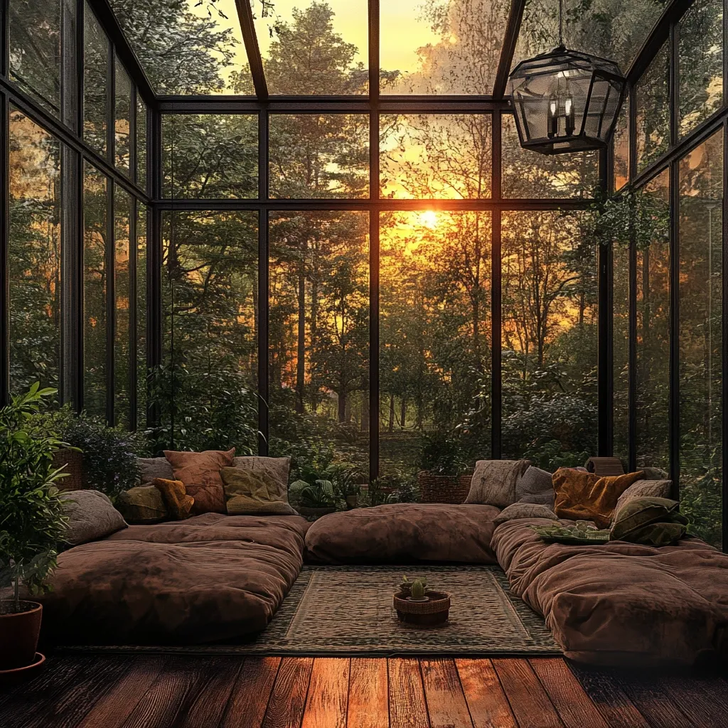 A sun-drenched conservatory features a low seating arrangement of plush brown floor cushions, arranged around a patterned rug.  Large windows offer a panoramic view of a tranquil forest bathed in the warm light of sunset.  A hanging lantern adds to the cozy, nature-inspired ambiance.  Indoor plants complement the natural setting. The hardwood floor reflects the golden hour light.