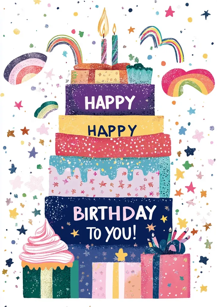 A colorful birthday card features a multi-layered cake adorned with candles and stars.  The cake layers are various pastel shades, with "Happy Happy Birthday to You!" written on them.  Rainbows and glittering stars float around the cake.  A cupcake and presents sit at the base, adding to the festive and joyful birthday theme.  The overall style is whimsical and celebratory.
