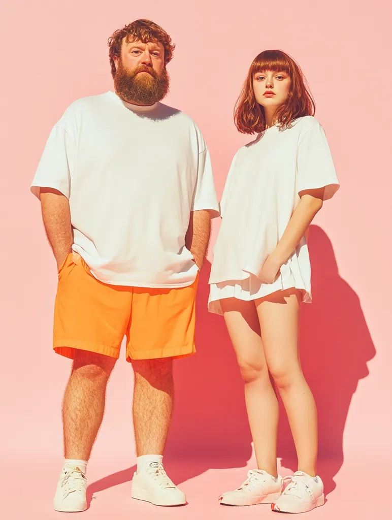A man with a beard and a woman stand against a pink background, both wearing oversized white t-shirts.  The man wears bright orange shorts and white sneakers, while the woman's shorter t-shirt is paired with white sneakers.  They are positioned slightly apart, creating a casual and stylish image. The overall aesthetic is minimalistic and trendy.
