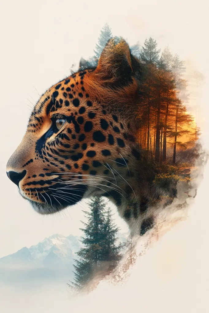 A stunning double exposure image features a leopard's profile superimposed over a serene landscape.  The leopard's coat blends seamlessly with a forest bathed in the golden light of sunset, creating a mystical effect.  Misty mountains are visible in the lower portion of the image, enhancing the sense of wild beauty and tranquility. The artistic composition highlights the harmony between the animal and its natural habitat.
