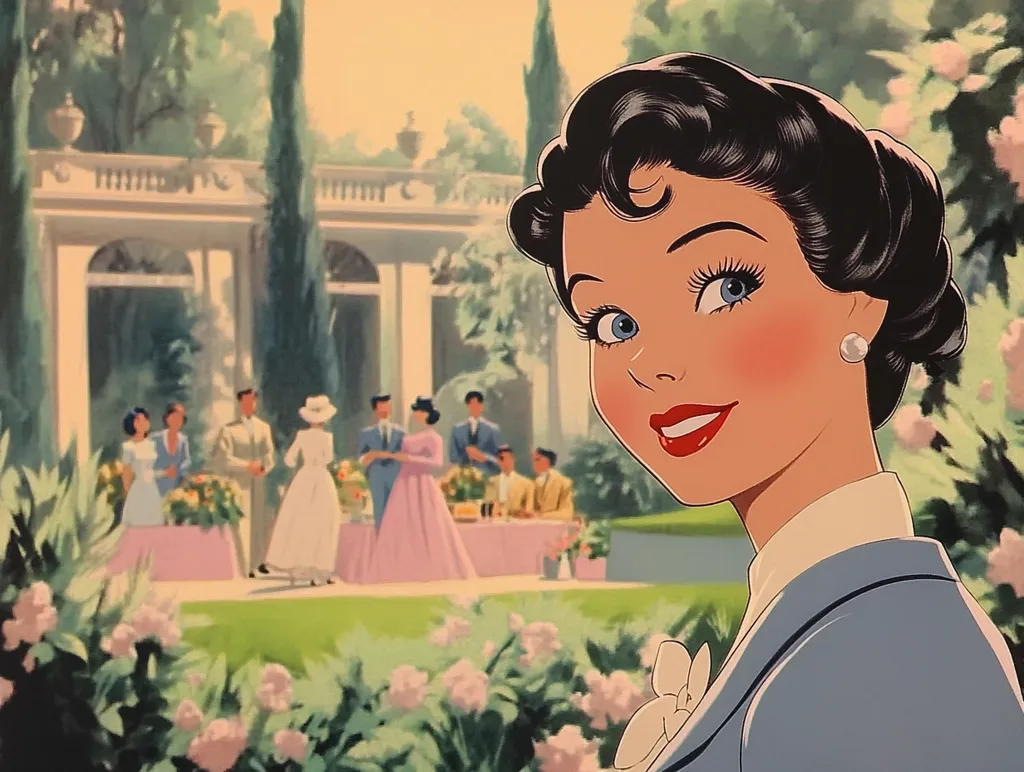 A stylish woman with dark, upswept hair and a light blue suit is featured prominently in the foreground.  The background depicts a garden party scene at a classic, white colonnaded building. Guests are gathered around tables, enjoying a sunny outdoor gathering.  The overall style is reminiscent of mid-century illustration.