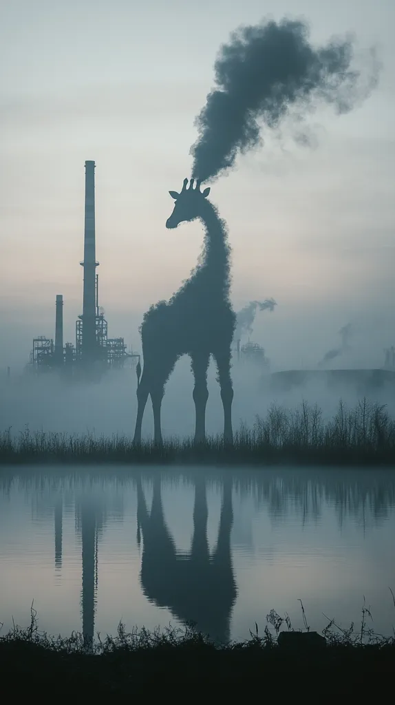 A silhouetted giraffe, formed by industrial smoke, stands before a hazy industrial landscape at dawn.  The giraffe's form contrasts sharply with the pollution-belching factory in the background, reflected in the still water in the foreground. The image evokes a powerful message about environmental damage and the impact of industrialization on nature.