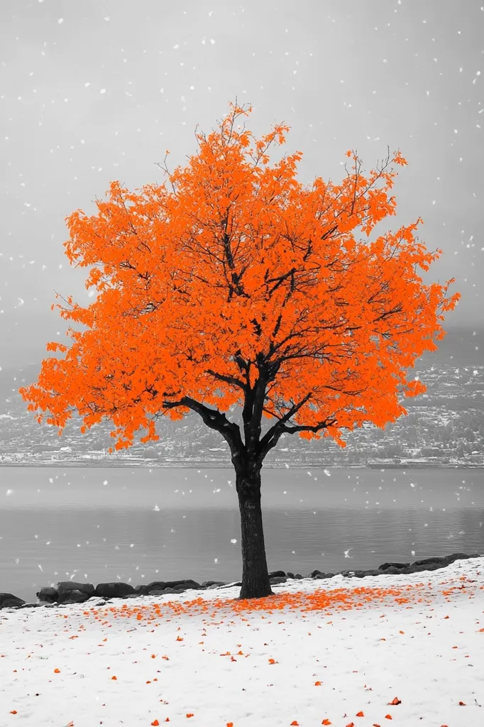 A vibrant orange tree stands alone in a snow-covered landscape.  The tree's bright foliage contrasts sharply with the monochrome background of a calm lake and a city in the distance.  Light snow falls, creating a serene, almost surreal scene.  Fallen orange leaves scatter the ground around the tree's base, adding to the autumnal feel.