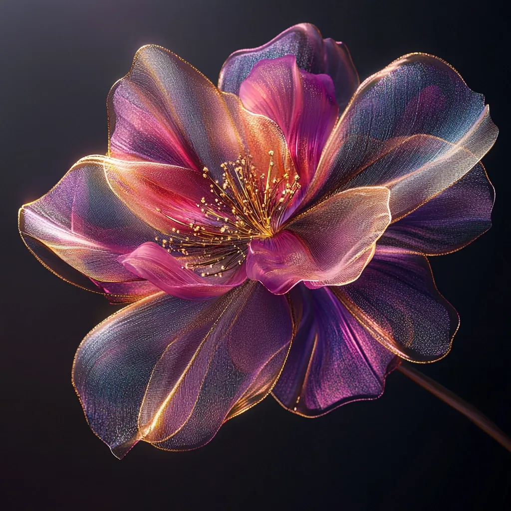 A digitally rendered flower, seemingly crafted from translucent, iridescent fabric, dominates the dark background.  Its petals are a blend of deep purples, reds, and golds, with intricate veining and a luminous quality.  The flower's center is adorned with delicate, golden filaments, adding to its ethereal beauty. The overall effect is one of luxurious elegance and subtle fantasy.