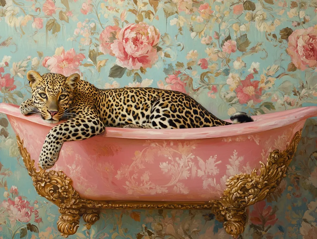 A leopard lounges in a pink claw-footed bathtub adorned with ornate gold detailing. The bathtub rests against a wall covered in a delicate floral wallpaper featuring pastel roses and other blossoms on a light teal background. The leopard's relaxed posture and the luxurious setting create a whimsical and elegant scene.  The painting's style is hyperrealistic, with meticulous detail in both the animal and the decorative elements.