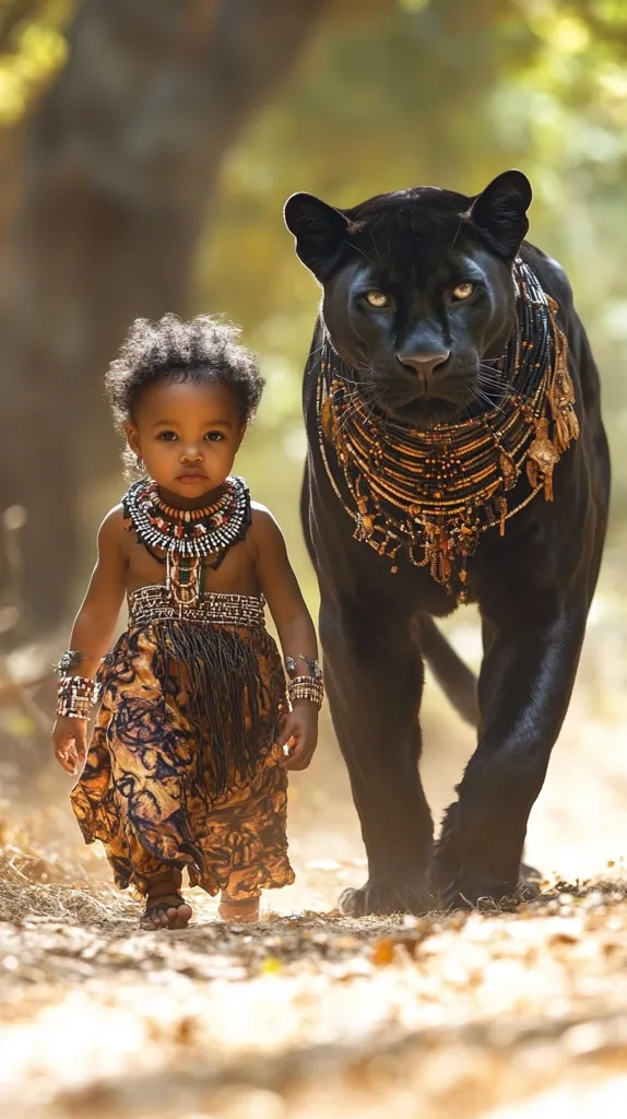 A young Black child, adorned in tribal attire, walks alongside a majestic black panther.  Both wear ornate necklaces.  The scene is set in a sun-dappled forest, creating a striking image of unlikely companionship.  The child's innocent gaze contrasts with the panther's intense stare, generating a captivating visual narrative. The overall effect is one of serene power and unexpected friendship.