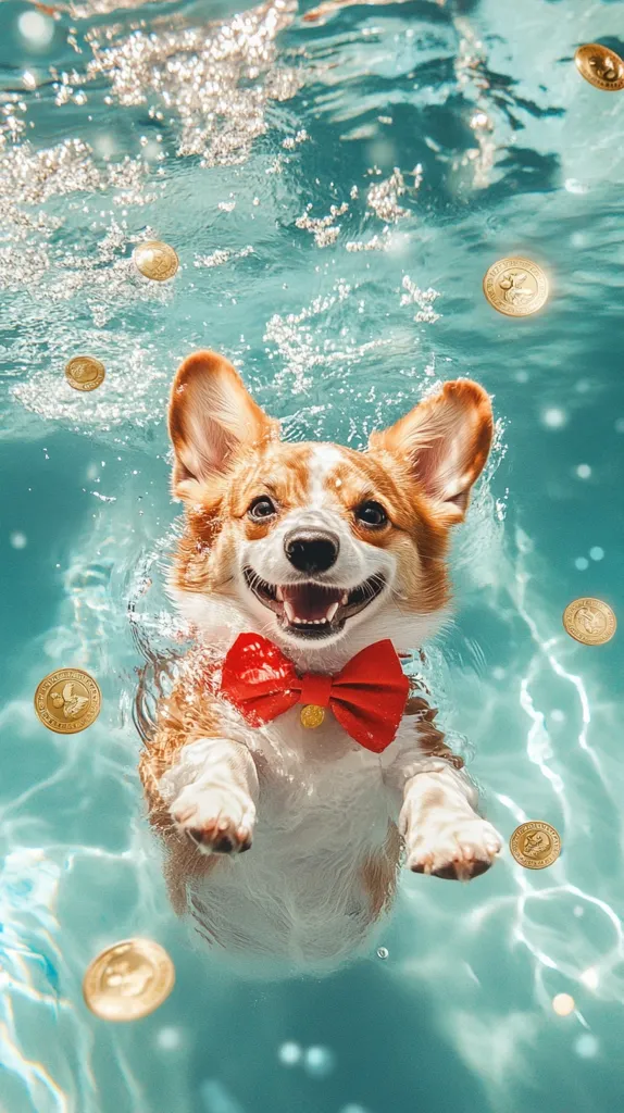 A cheerful corgi dog, wearing a red bow tie, swims underwater.  Gold coins float around it, creating a whimsical, playful scene. The water is clear and turquoise, with sunlight filtering through. The corgi's expression is joyful, its paws slightly outstretched.  The overall image is vibrant and fun.