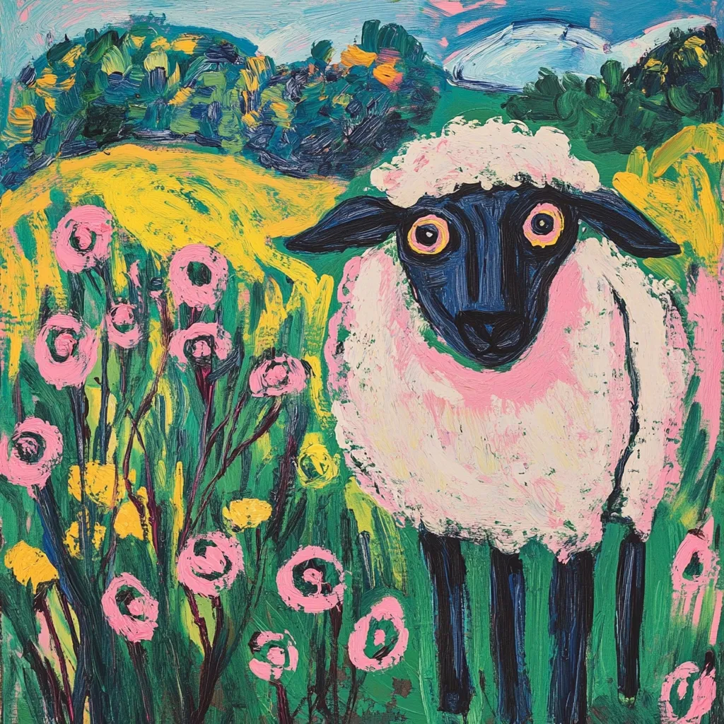 A vibrant, expressionistic painting depicts a sheep standing in a field of pink flowers.  The sheep has a dark blue-black face and legs, contrasting with its light pink and white wool.  The background is a bold landscape of yellow and green, with dark green trees suggesting hills in the distance. The impasto style creates a textured, almost childlike quality. The colors are bright and bold, creating a joyful and whimsical scene.