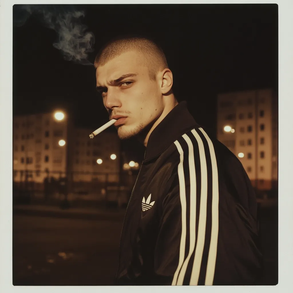 A young man with a buzz cut, wearing a black Adidas tracksuit jacket, stands outdoors at night.  He holds a lit cigarette, smoke curling upwards.  The background is blurred, showing city buildings and streetlights.  The image has a dark, moody, and somewhat gritty aesthetic.