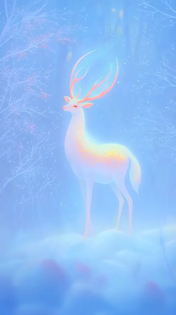 A dreamy, pastel-colored illustration depicts a deer standing in a snowy, ethereal forest.  The deer is luminous, almost translucent, with glowing antlers.  The background is a soft blue, with delicate, snow-laden branches suggesting a winter scene.  The overall mood is serene and magical.
