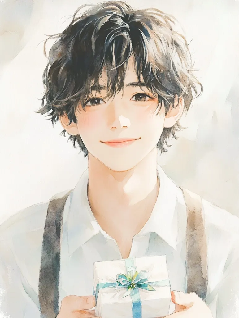 A watercolor painting depicts a young man with soft, curly brown hair. He has a gentle expression and rosy cheeks. He's wearing a white collared shirt and suspenders.  In his hands, he holds a small, delicately wrapped gift, adding a touch of sweetness to the artwork. The overall style is delicate and romantic.