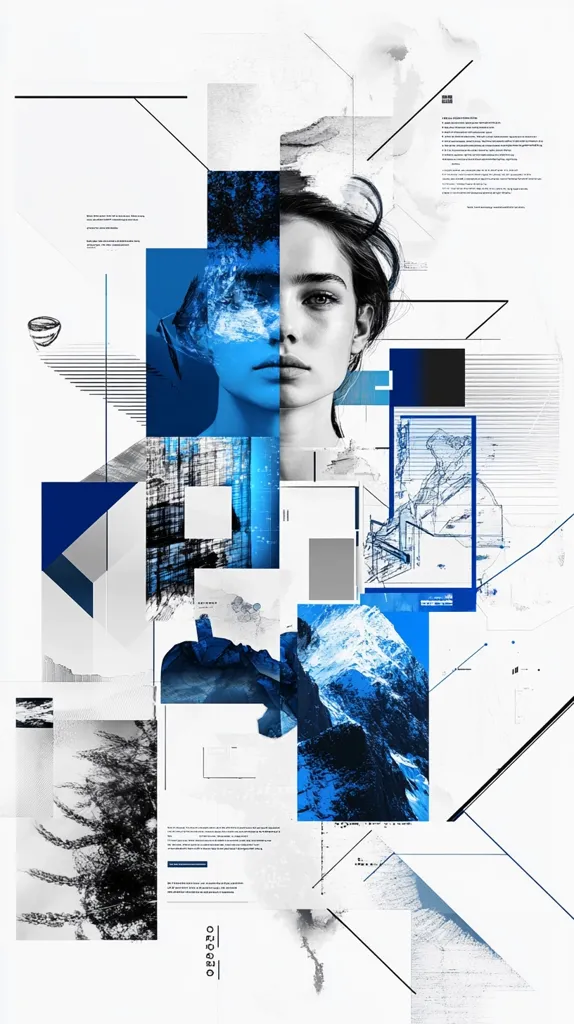 A striking abstract collage features a woman's face partially overlaid with a blue, watery texture.  Geometric shapes, architectural sketches, and mountainous landscapes in varying shades of blue and white are interwoven. The design incorporates text snippets and graphic elements, creating a visually complex and dynamic composition.  The overall effect is one of modern artistry, blending portraiture with abstract expressionism.