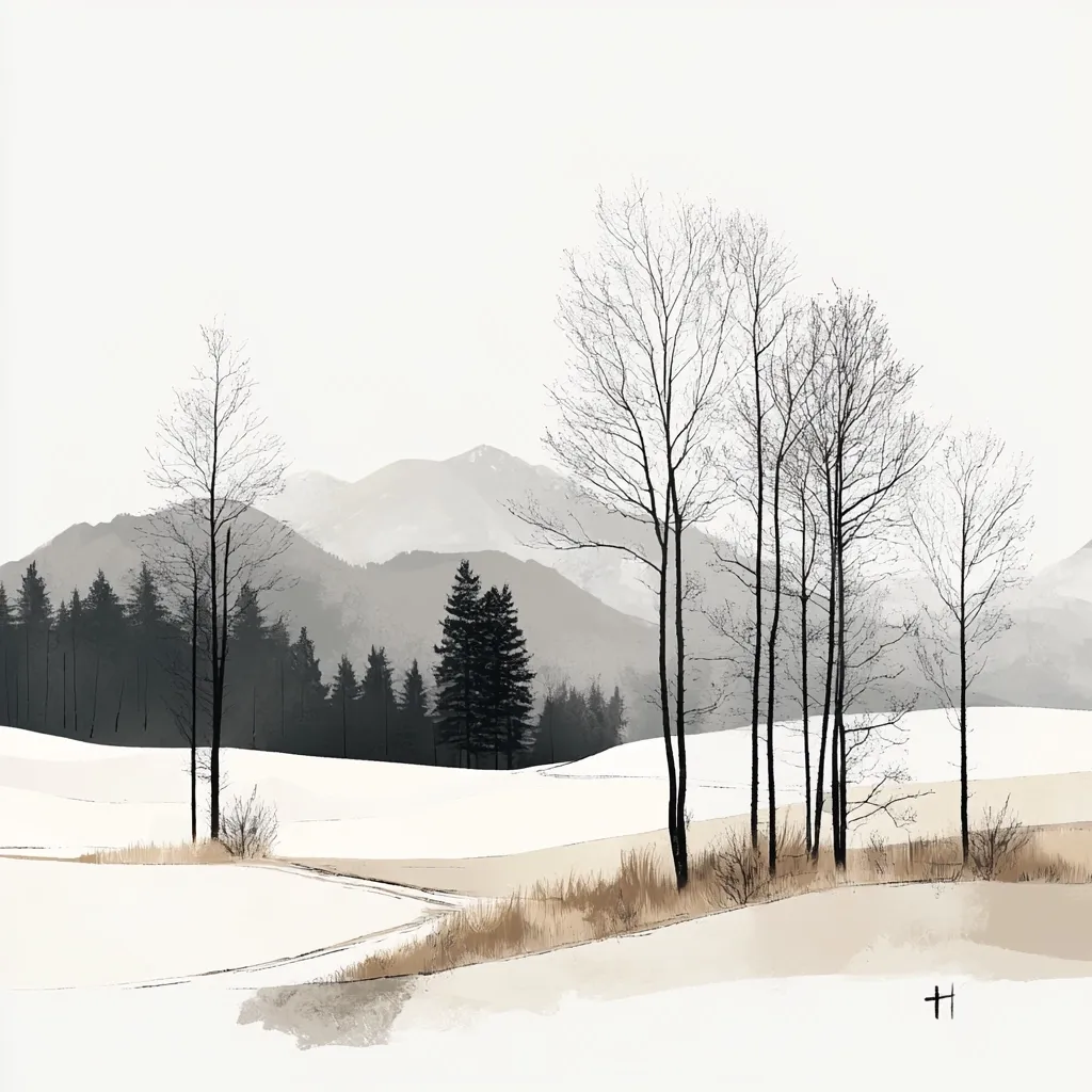 A minimalist winter landscape painting depicts a snow-covered field with bare trees in the foreground.  A line of dark evergreens sits before distant, hazy mountains.  The color palette is muted, primarily whites, grays, and browns, creating a serene and peaceful atmosphere.  The style is suggestive of watercolor or ink wash painting.  A small, indistinct path meanders through the snow.