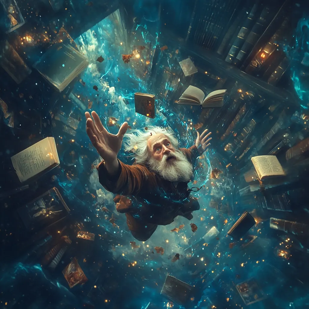 A long-haired, long-bearded, elderly wizard floats amidst a swirling vortex of books and ethereal blue energy.  His arms are outstretched as if embracing the magical chaos.  The scene is set within a vast library, books flying everywhere in a fantastical, otherworldly spectacle. The overall effect is one of magical wonder and perhaps a journey through realms of knowledge.