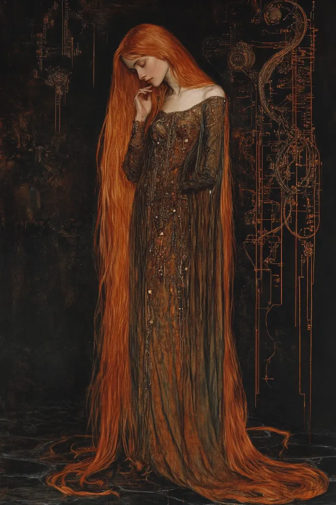 A painting of a woman with long, flowing ginger hair, dressed in a long, dark gown adorned with gold detailing.  She stands pensively, her head bowed, against a backdrop of intricate, dark copper-toned mechanical diagrams. The overall mood is melancholic and mysterious, with a blend of fantasy and industrial aesthetics. The woman's gown drapes elegantly, contrasting with the sharp lines of the background design.