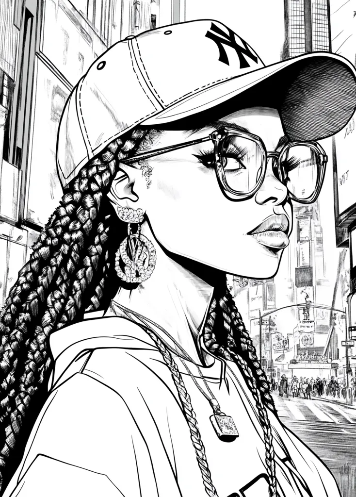 A black and white illustration of a young woman with long braids, wearing a baseball cap, large glasses, and a hoodie.  She has large earrings and a necklace.  The background depicts a busy city street, suggesting a New York City setting. The style is reminiscent of comic book art, with bold lines and shading. Her gaze is directed towards the right side of the frame, giving a sense of movement and narrative.