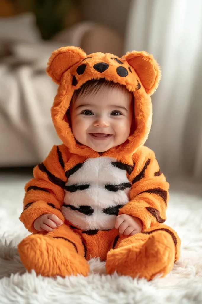 An adorable baby sits on a white fluffy rug, dressed in a fluffy orange tiger costume.  The hooded onesie features black stripes and cute tiger ears. The baby's happy face is visible through the hood, showcasing a wide, joyful smile. The overall image is heartwarming and captures the innocence and charm of infancy.