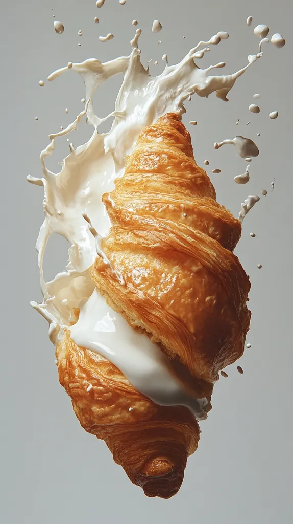 A golden-brown croissant is captured in mid-air, engulfed by a dramatic splash of creamy white liquid.  The croissant's layers are clearly visible, showcasing its flaky texture. The contrasting colors of the pastry and the milk create a visually striking image, suggesting freshness and indulgence. The scene is set against a simple, neutral gray background, drawing full attention to the dynamic interplay between the croissant and the milk.